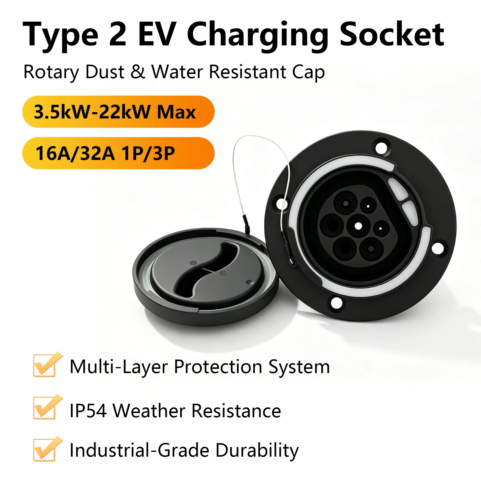 

Type 2 EV Inlet Socket, 16A-32A 1P 3 Phase IEC 62196-2 Sealed Charging Port Replacement Adaptor for Electric Vehicle