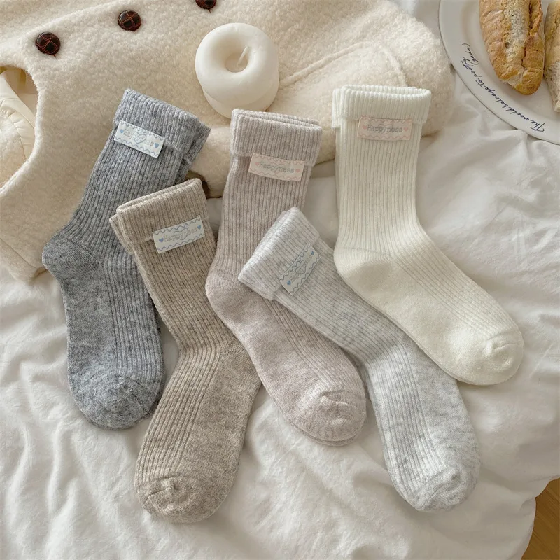 

10 pairs of women's autumn winter casual fabric label warm mid tube socks sweat absorbing simple comfortable casual socks