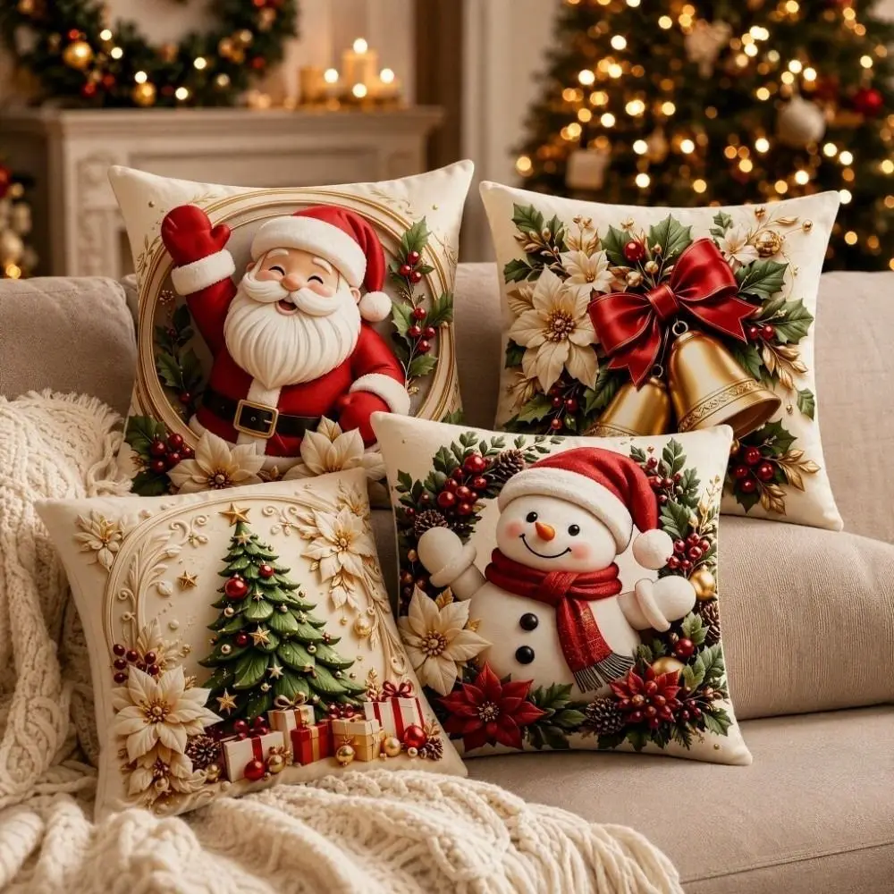 Soft Christmas Pillow Cover Santa Claus Bowknot Bell Xmas Tree Pillowslip 45cm 17.72in Square Snowman Pillow Cover
