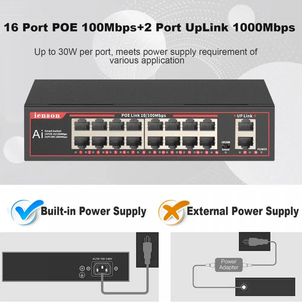 Poe switch ethernet com 16 portas, 100mbps, switch de rede ethernet ieee 802,3 af/at para câmera ip/cctv sistema de segurança