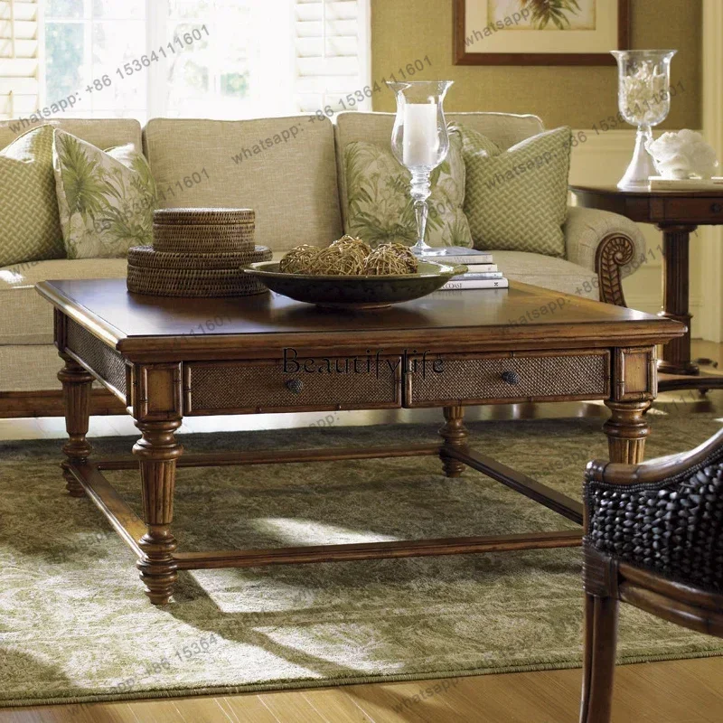 LD American Country Solid Wood Antique Home Coffee Table, French Living Room Retro Coffee Table