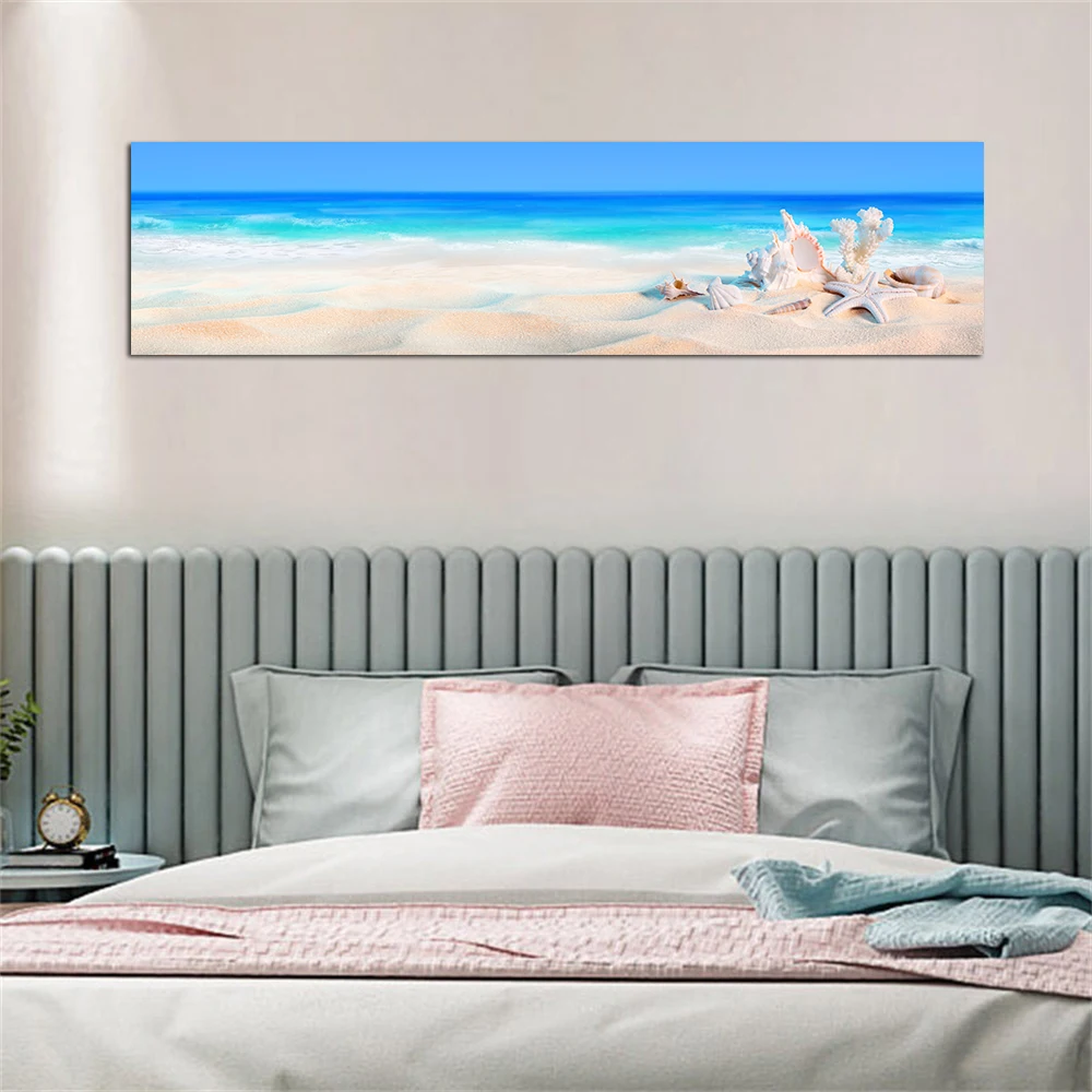

Blue Sea Scenery Poster, Modern Minimalist Wall Art, Starfish Coral Conch Beach Picture, Living Room Home Decor, Canvas Print