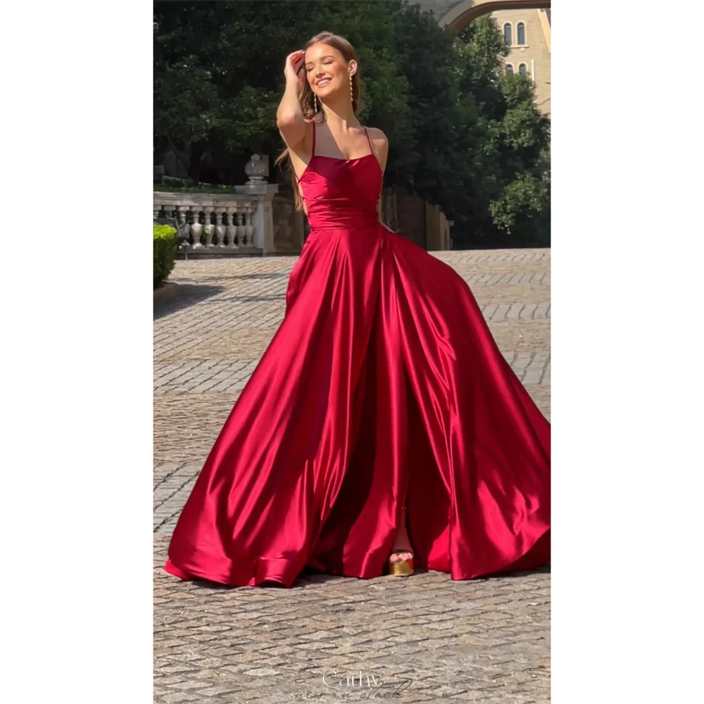 

Cathy Burgundy Spaghetti Strap Satin Prom Dress A-line Sleeveless vestidos de noiva Customized Floor-length Corset Graduation
