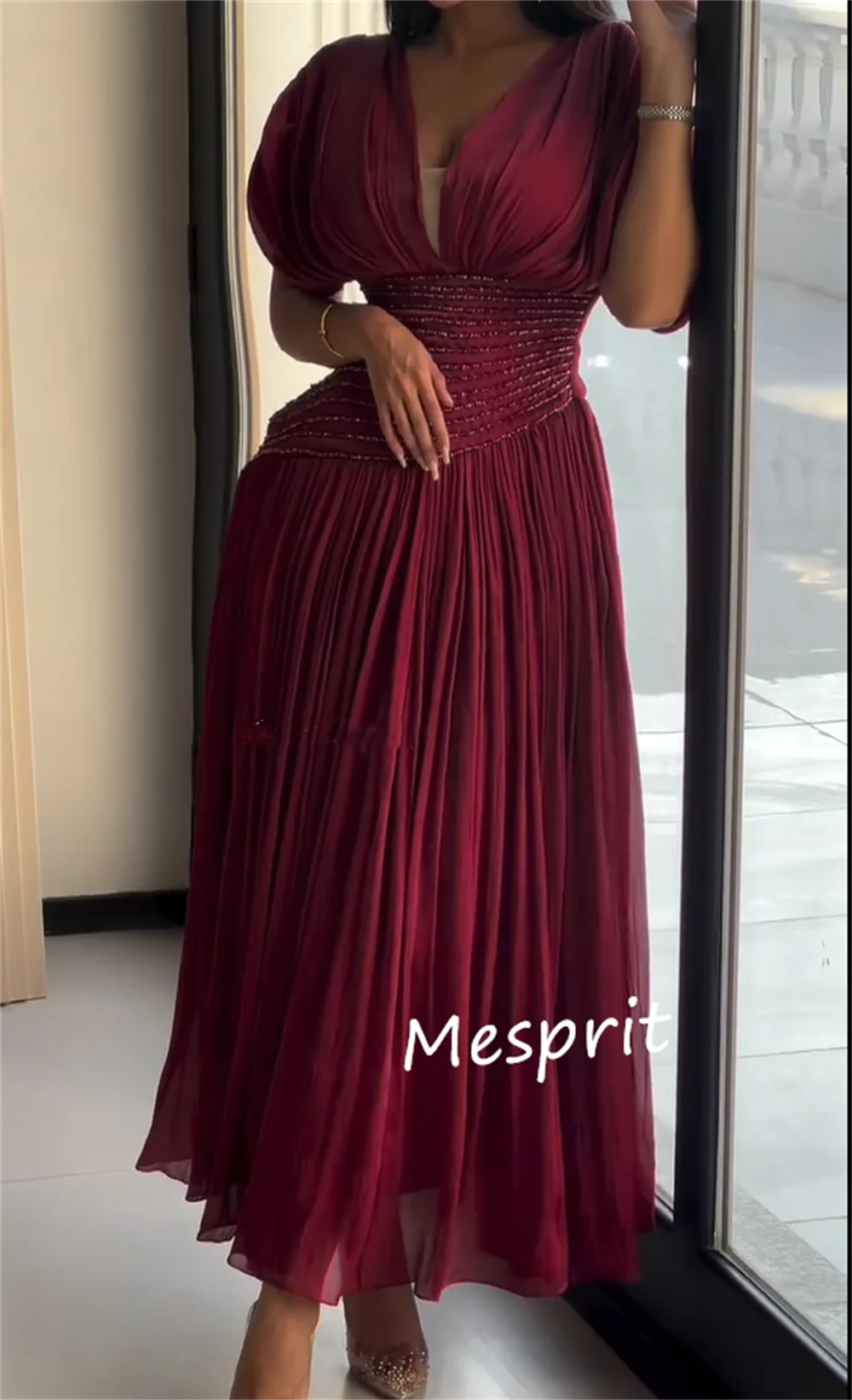 Vestidos Midi personalizados de gasa con pliegues y lentejuelas, corte en A, cuello en V, vestidos para ocasiones a medida, intrincados, sexys y sencillos