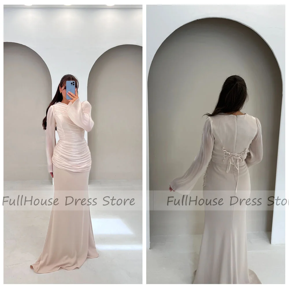

Custom Made Modern O-neck Pleated Tiered Sheath Sexy Saudi Arab Dress Lace up Back Long Puff Sleeve Maxi Prom Dress with Train