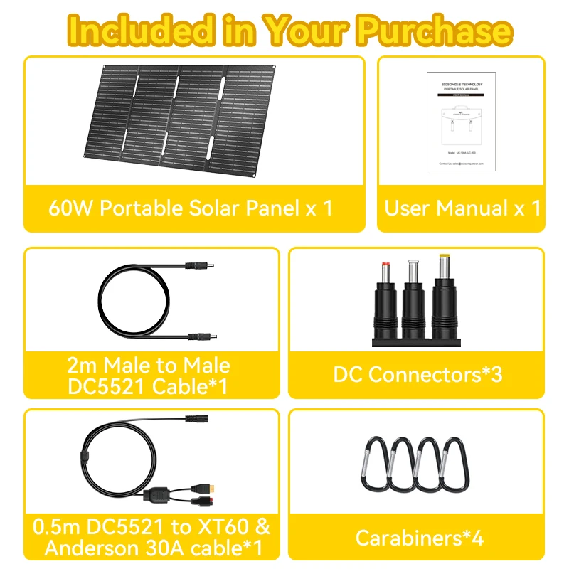 لوحة شمسية قابلة للطي بقدرة 60 وات، مخرج QC3.0/PD3.0/DC18V مع طلاء ETFE، شحن سريع 3 منافذ USB-C/USB-A/DC
