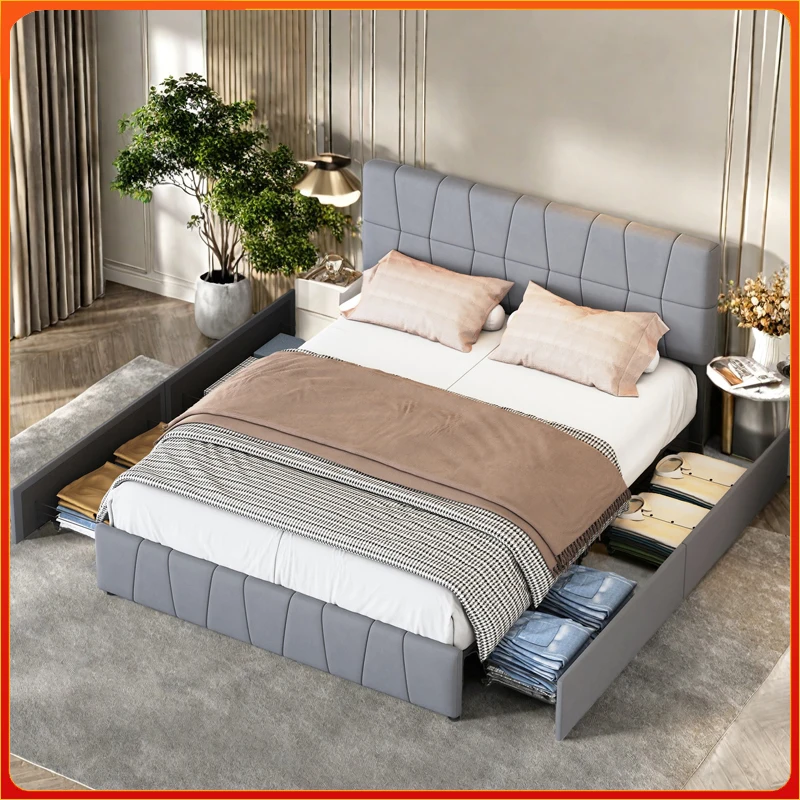 Cama Doble Comanlai, Tapizada en Terciopelo, con 4 Cajones de Hierro, 160 * 200cm, Gris