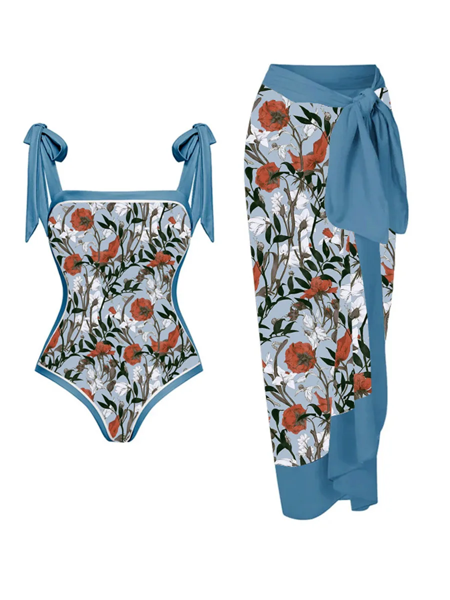 Women Swimwear Floral Swimsuit Two-piece set Summer Print Bodysuit Bikini Set Beach Style Wear Maxi Dress Skirt Beach Dresses