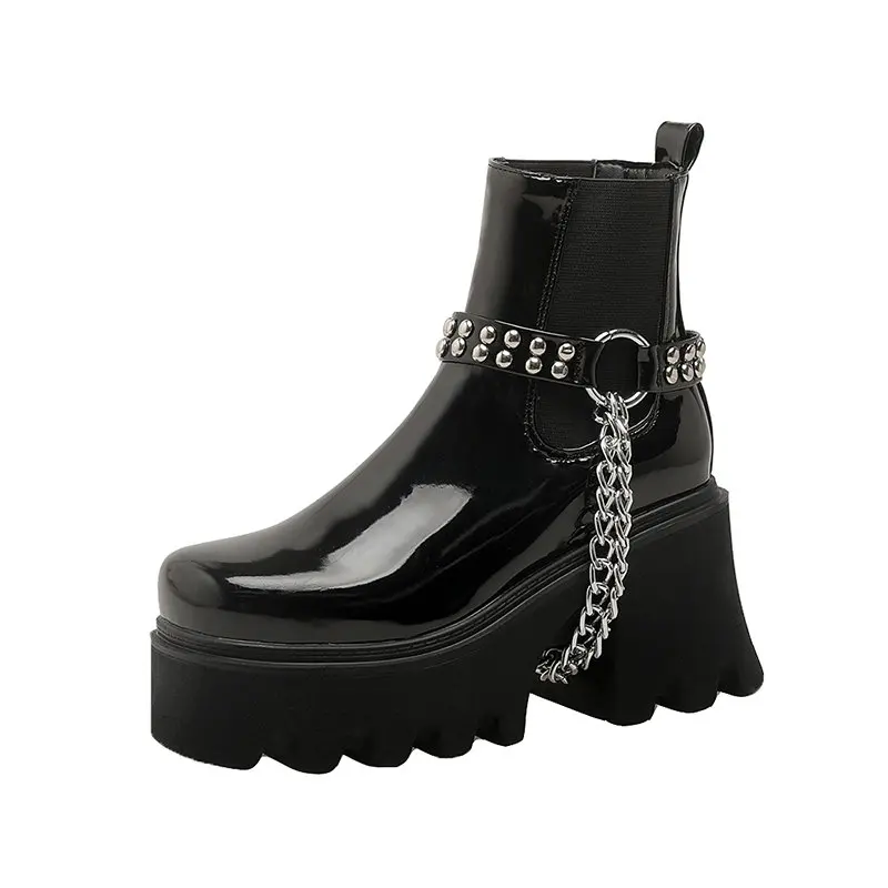 Patent PU Leather Black Punk Gothic Womens Boots With Metal Chain Platform Square Chunky High Heels Chelsea Booties Winter Shoes