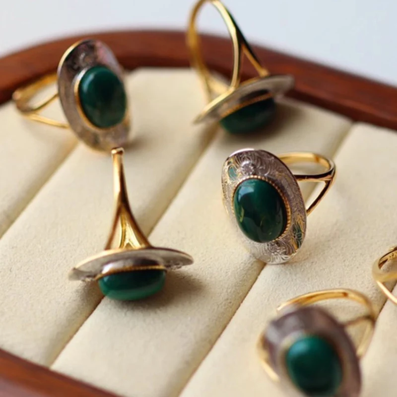 Foxanry Silver Color Malachite Rings For Women Couples Trendy Vintage Creative Design Personality Party Jewelry Gifts Wholesale