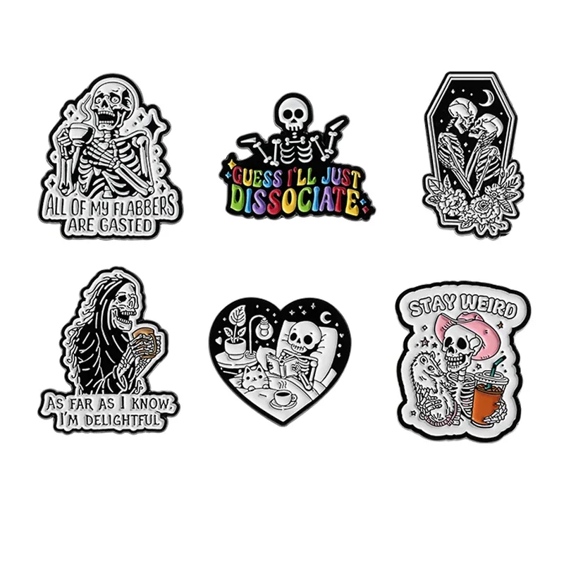 

Halloween Punk Skull Stay Weird Enamel Pins Gusess I'll Just Dissociate Skeleton Brooch Bag Lapel Badge Gothic Jewelry Accessory