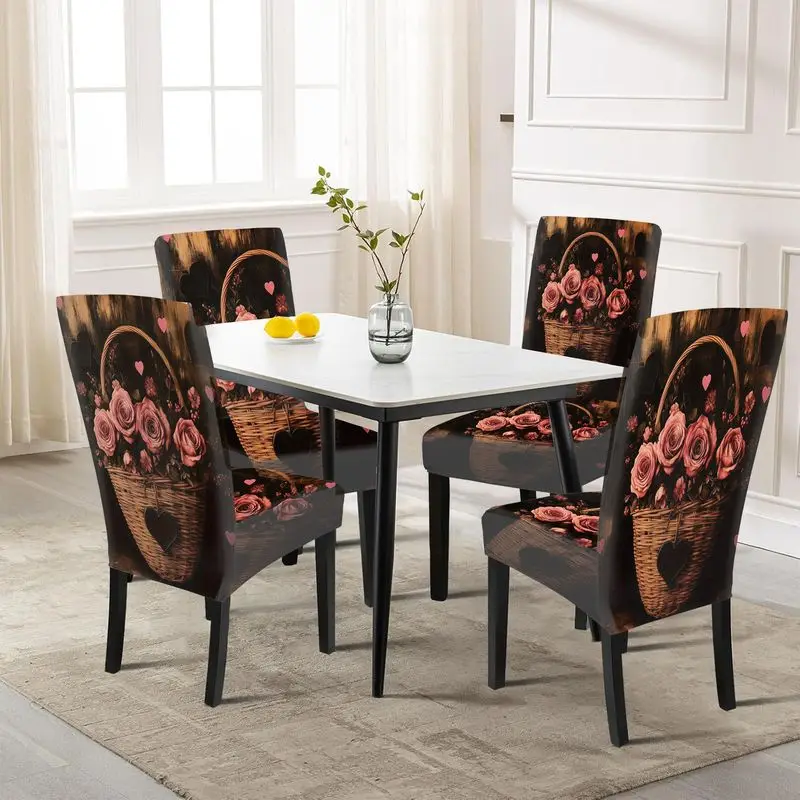 

Printed chair cover, hand basket filled with pink rose and red berry prints, restaurant chair cover removable