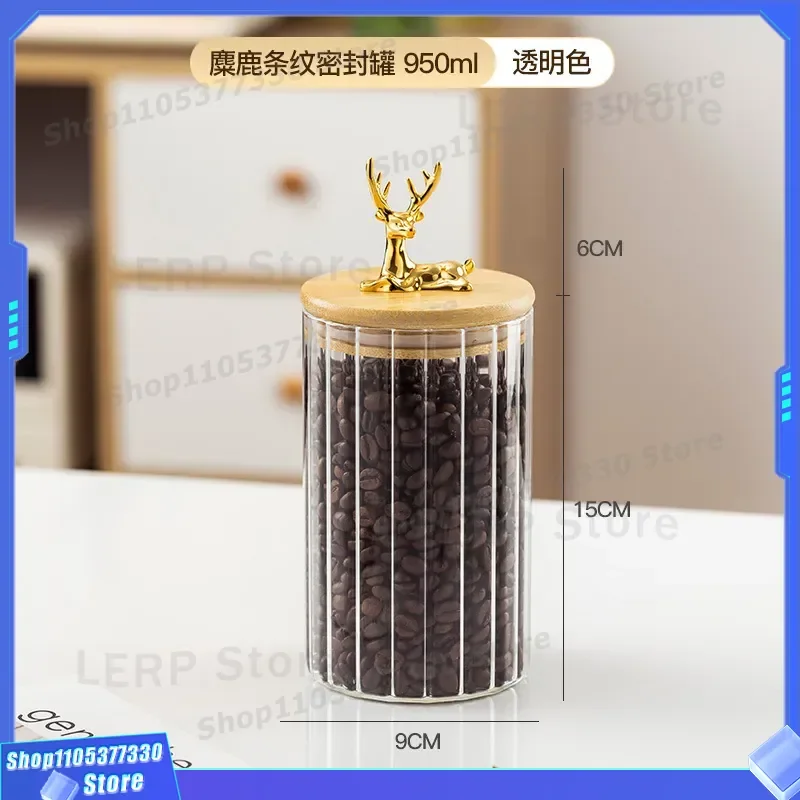 Nordic Deer Head Bamboo Lid Glass Storage Jar High Borosilicate Vertical Stripe Transparent Snack Container Heat Resistant