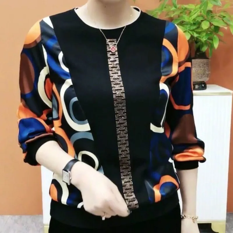 

Fashion O-Neck Spliced Loose Printed Diamonds Blouse Women's Clothing 2023 Autumn New Oversized Casual Pullovers Commute Shirt