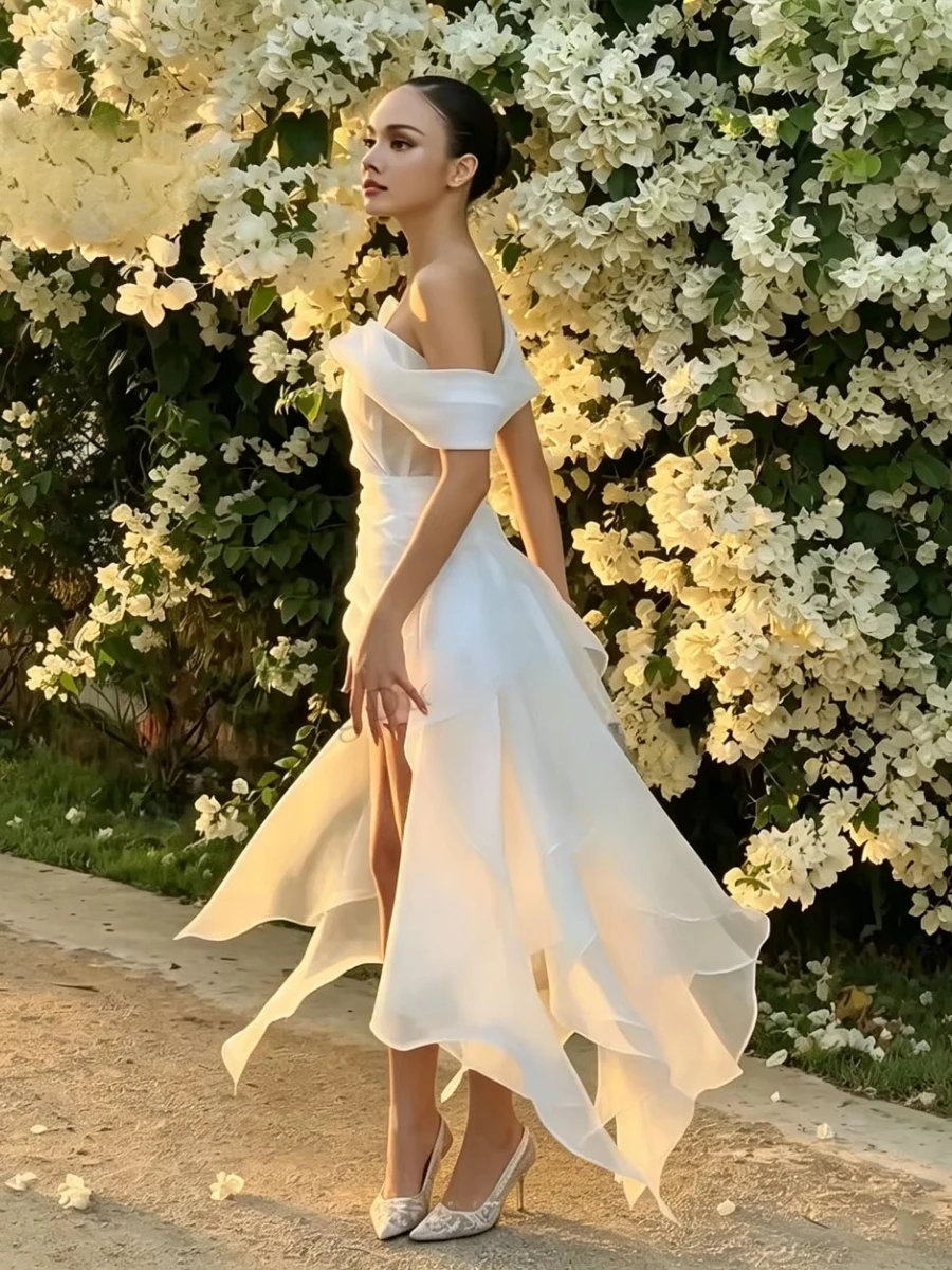 Off Shoulder Ruched Mini Wedding Dress High Low Ruffle Chiffon Train Corset Back Bridal Reception Dress Short Wedding Gown Beach