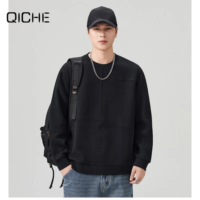 QICHE 2026 New Men Heavyweight Crew Neck Sweatshirt Autumn Black Splicing Loose Long Sleeve Trend Versatile Casual Top