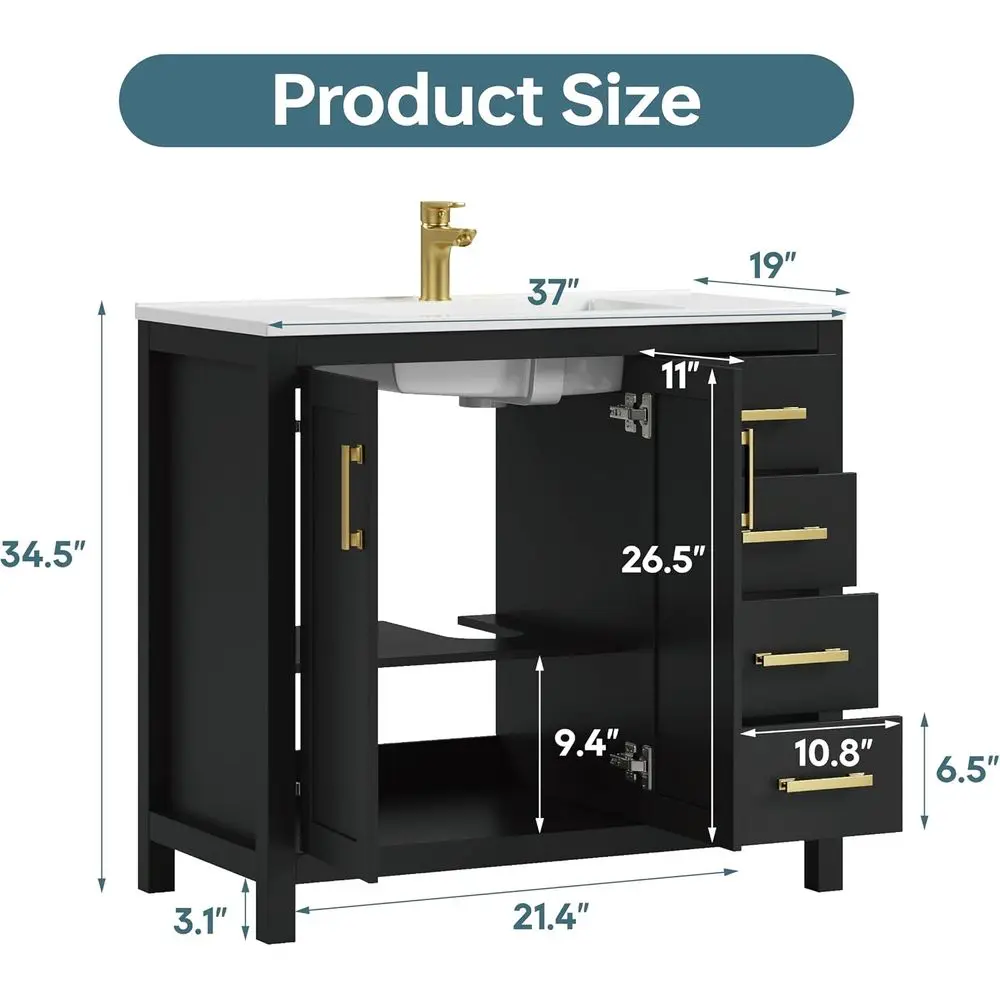 36 Inch Bathroom Vanity with Sink, Black Single Sink Bathroom Vanity with Integral Top, ern Bathroom Sink Cabinet with Sot-Closi