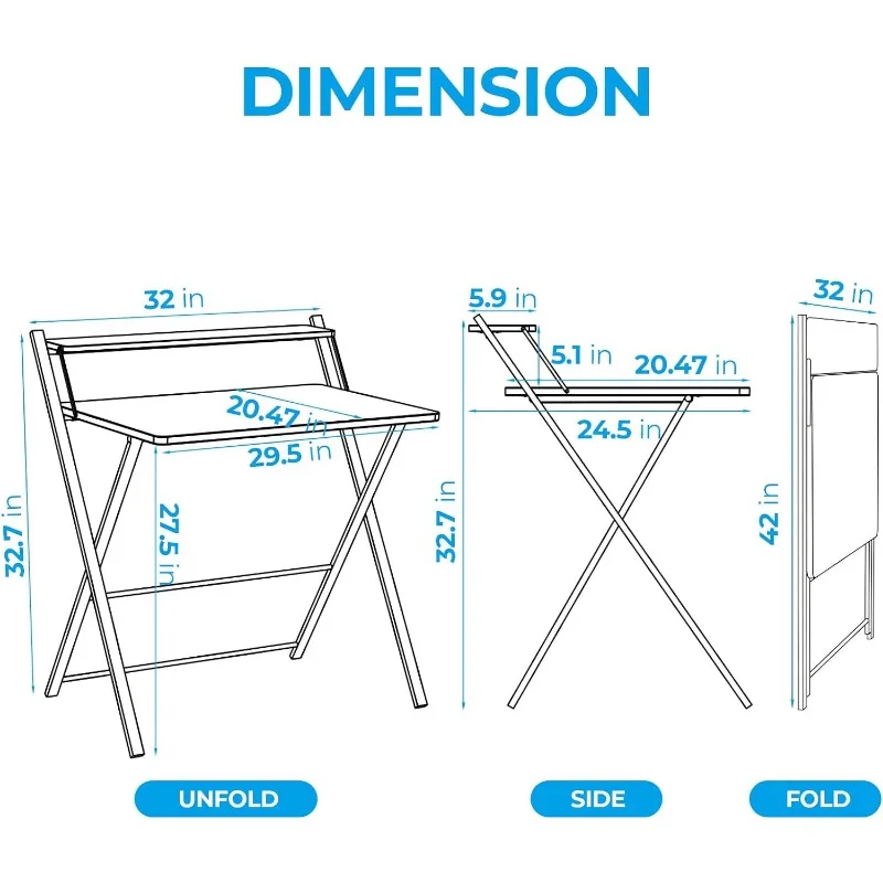 Folding Desk No Assembly Required, Computer Desk with 2-Tier Shelf Foldable Table for Small Spaces Fully Unfold 32 x 24.5 inch