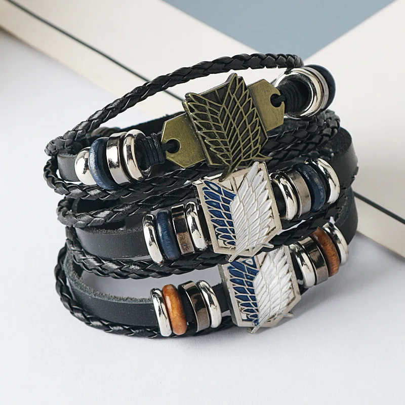 Attack on Titan Leather Bracelet Shingeki No Kyojin Survey Corps Wings of Liberty Multilayer Braided Rope Bracelet Anime Jewelry