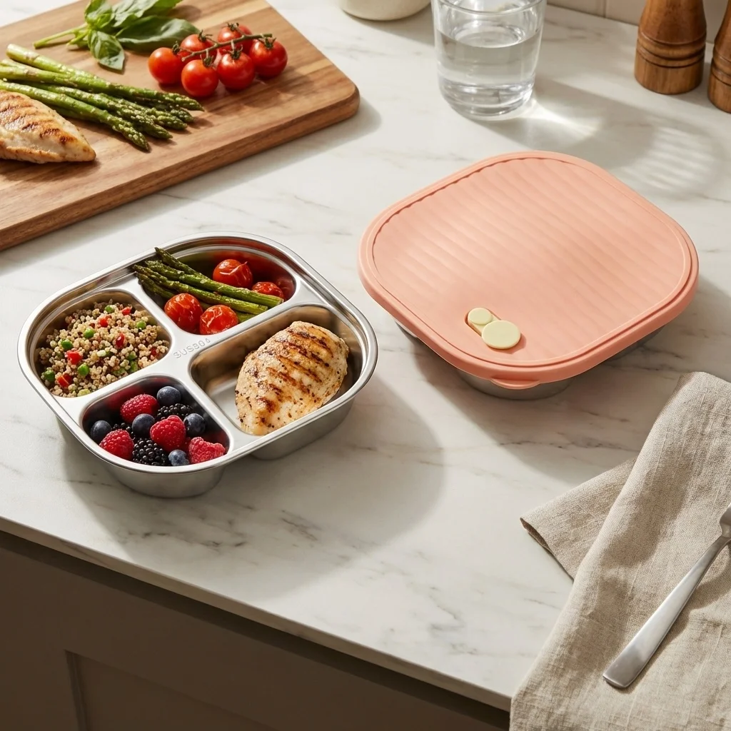 Microwave Safe 304 Stainless Steel Divided Plates for Adults Portion Control Plate Compartment Food Tray Tableware Dish with Lid