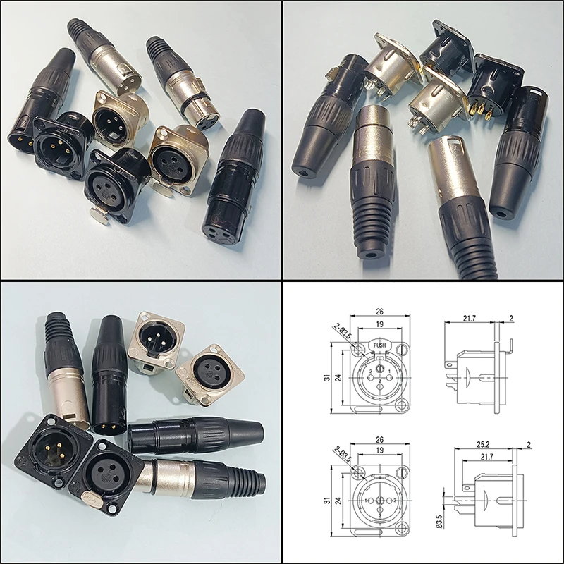 

1PCS 3Pin Male Female Audio Cable Plug Connector Cable Termination Black Silver Microphone Pure Copper Gold-Plated