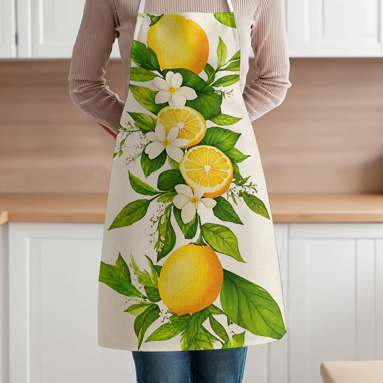 Cute Lemon Flower Print Apron for Kitchen Baking Cooking Apron Apron Smock for Women