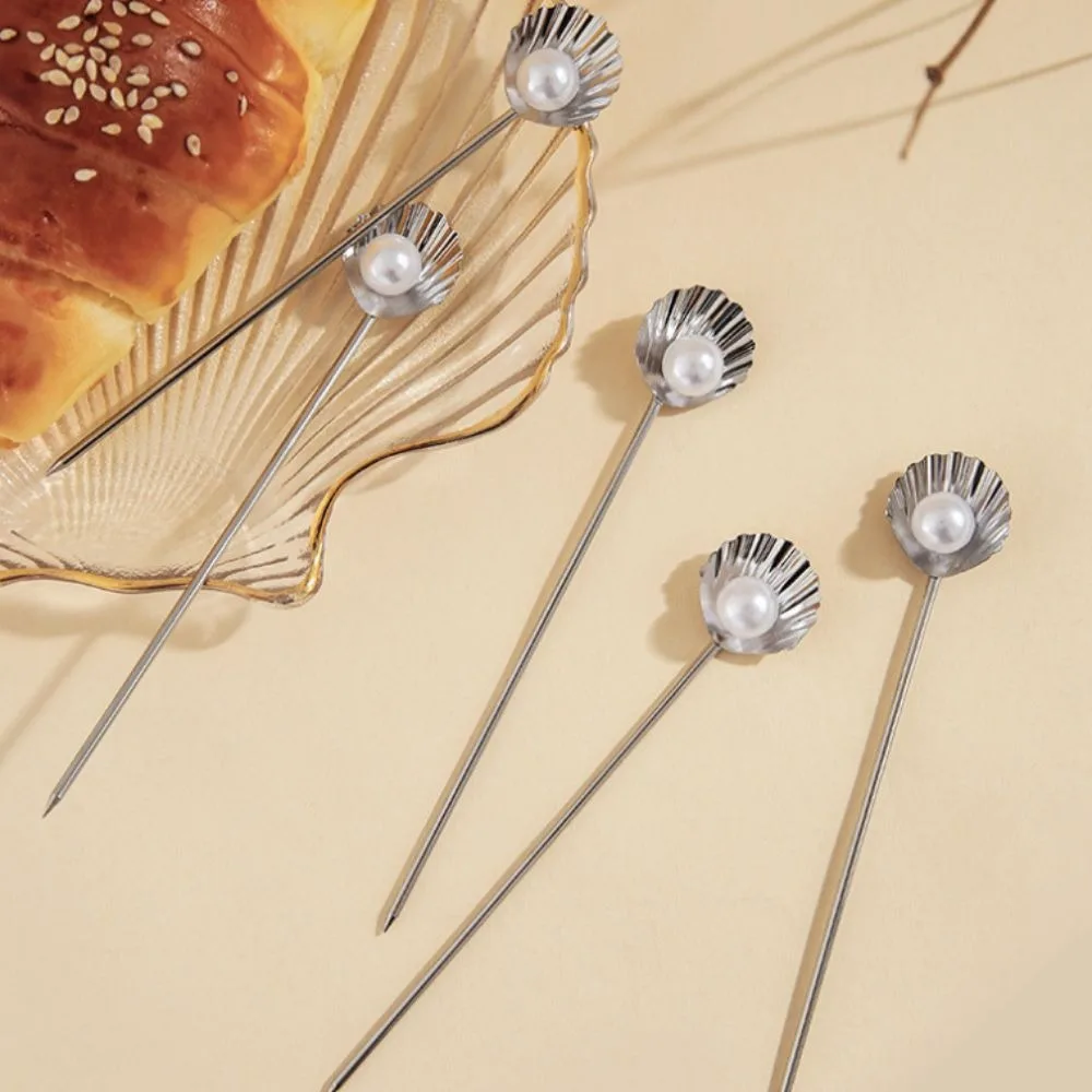4Pcs Toothpicks Shell Pearl Design Fruit Stick 304 Stainless Steel Rust-proof Cocktail Pick Reusable Fruit Fork Party