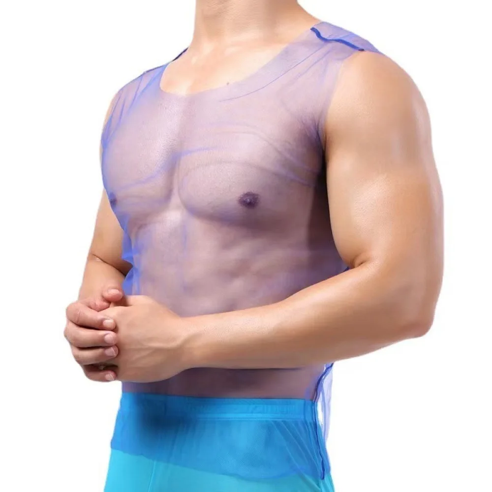 Mens Sheer Mesh Vest Transparent Ultra Thin Sleeveless Undershirt Sexy Breathable Slim Fit Comfortable Casual Top Tank