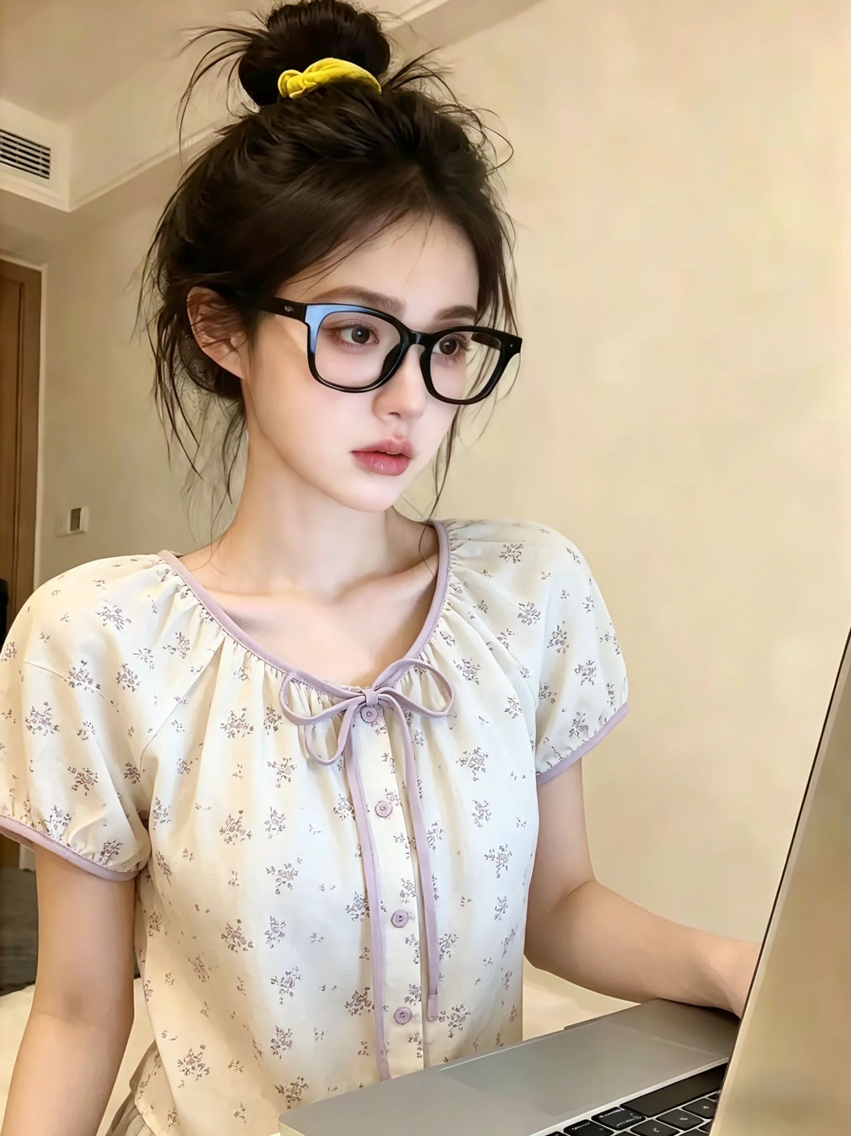 

Sweet Floral Knot Bubble Sleeve Shirt Women's Summer New Style Self-Preserved Elegant Freshness Short Sleeve round ...