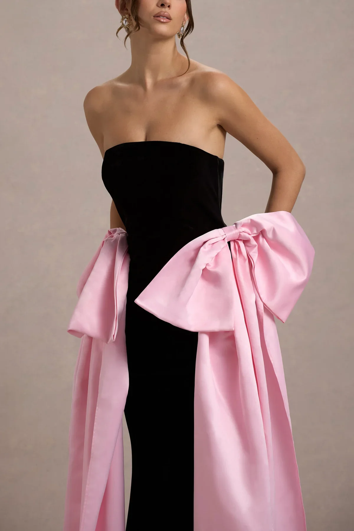 Couture Modest Black Velvet Mermaid Formal Dresses With Pink Bow Decoration Strapless Long Women Maxi Dress To Party