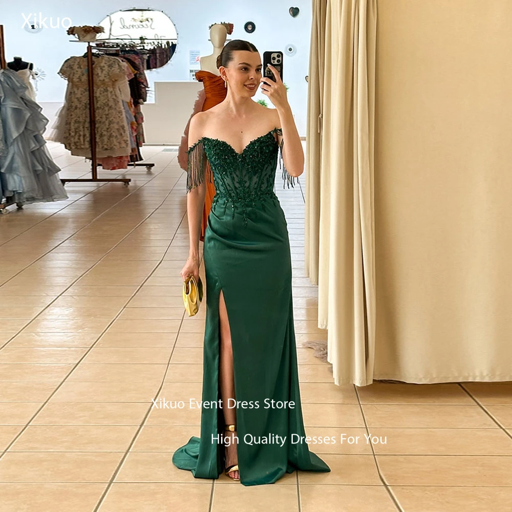 Xikuo Vintage Satin Quaste Meerjungfrau Abendkleider Formelle Kleidung Frau Party Hohe Schlitz Grün Gefrieste Abendkleid Angepasst
