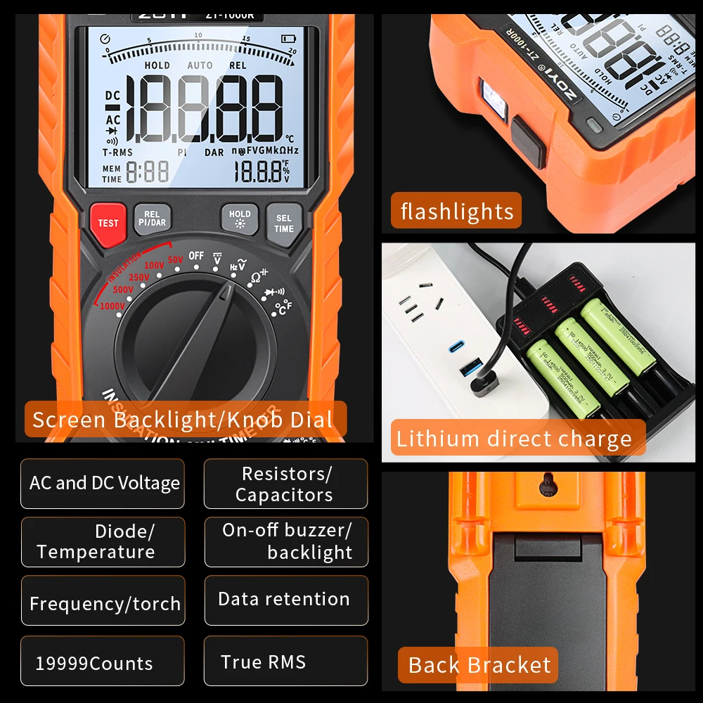 ZOYI Insulation Resistance Meter ZT-1000R High-Precision Digital Megohmmeter 1000V Electronic Shaker Digital Meter Multimeter