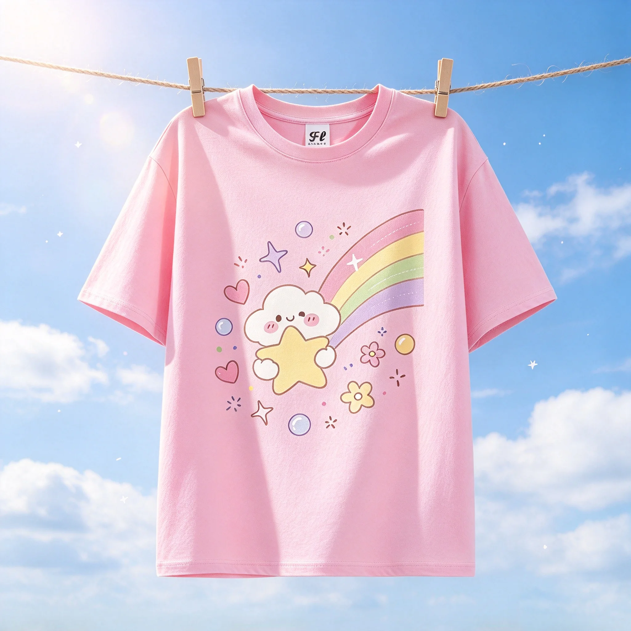 Cute Cloud Hug Star Rainbow Graphic T Shirt Women Kawaii Pastel Cartoon Casual Short Sleeve Ladies Tops