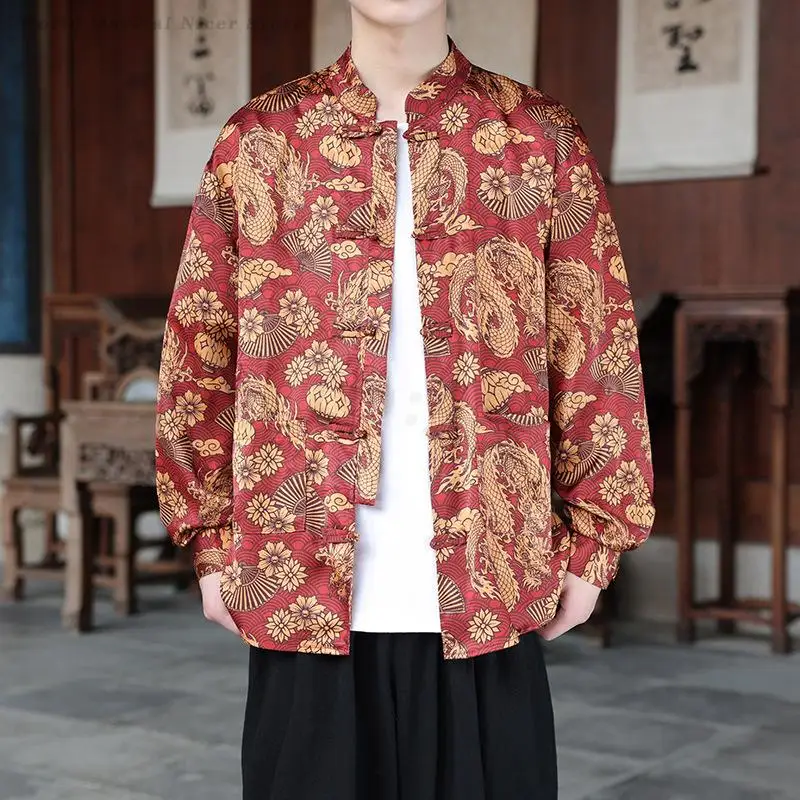 Retro Printed Men's Costumen Shirt Chinese Style Tang Suit Tops Hanfu Traditional Jacket Spring Autumn Plus Size Coat Uniform