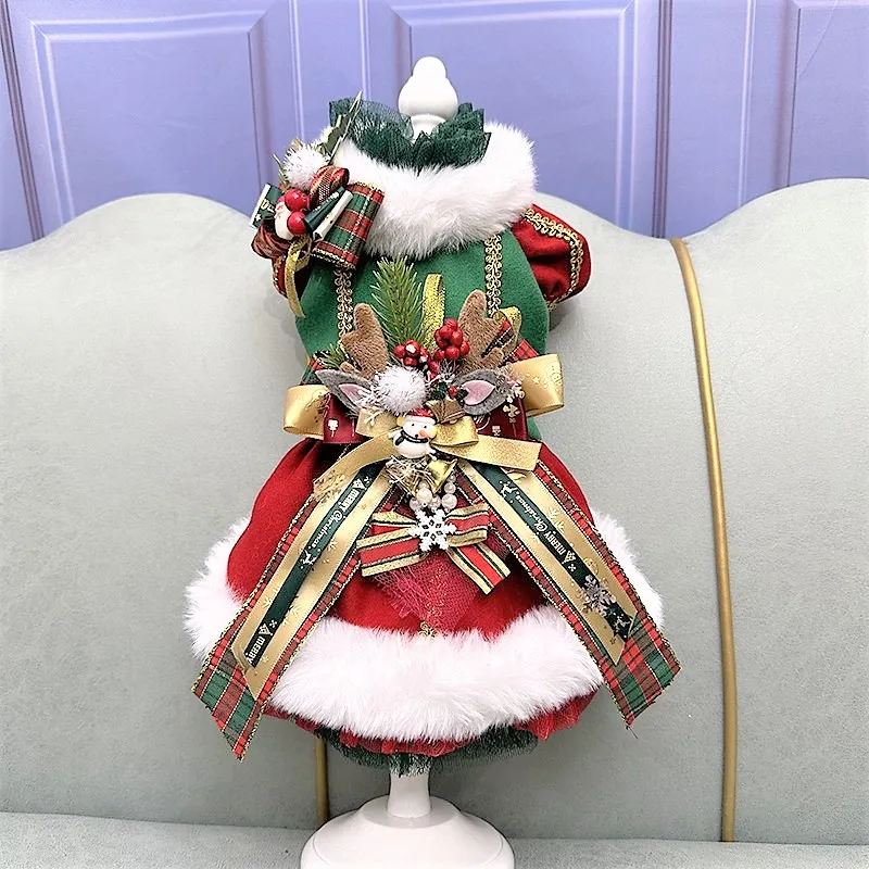 Handmade Dog Clothes Pet Supplies Christmas Costume Wool Coat Dress Warm Fur Collar Cute Santa Tree Accessories New Year Holiday