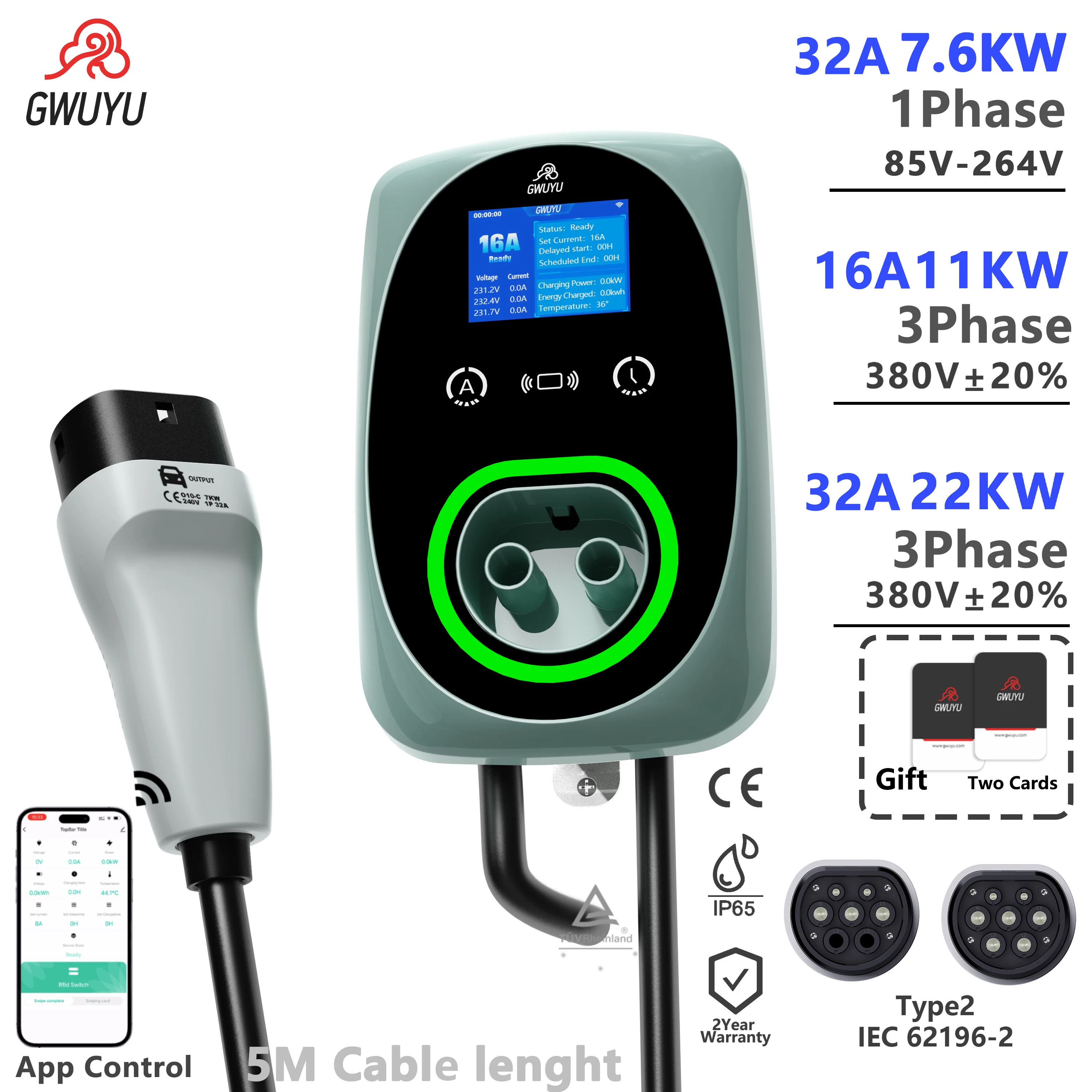 GWUYU Type2 Wall-Mounted Electric Vehicle Charging Station with App Control 22kW 11kW 7.6kW Home Safety Charging 5m Cable