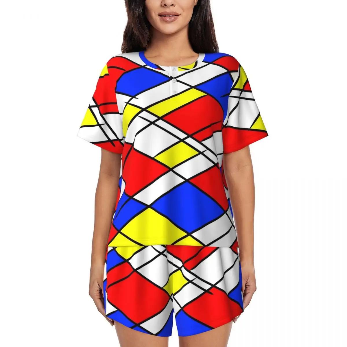 

Red Yellow And Blue Mondrian Pajamas Short Sleeve Retro Pajamas Set Two Piece Casual Summer Printed Sleepwear Gift