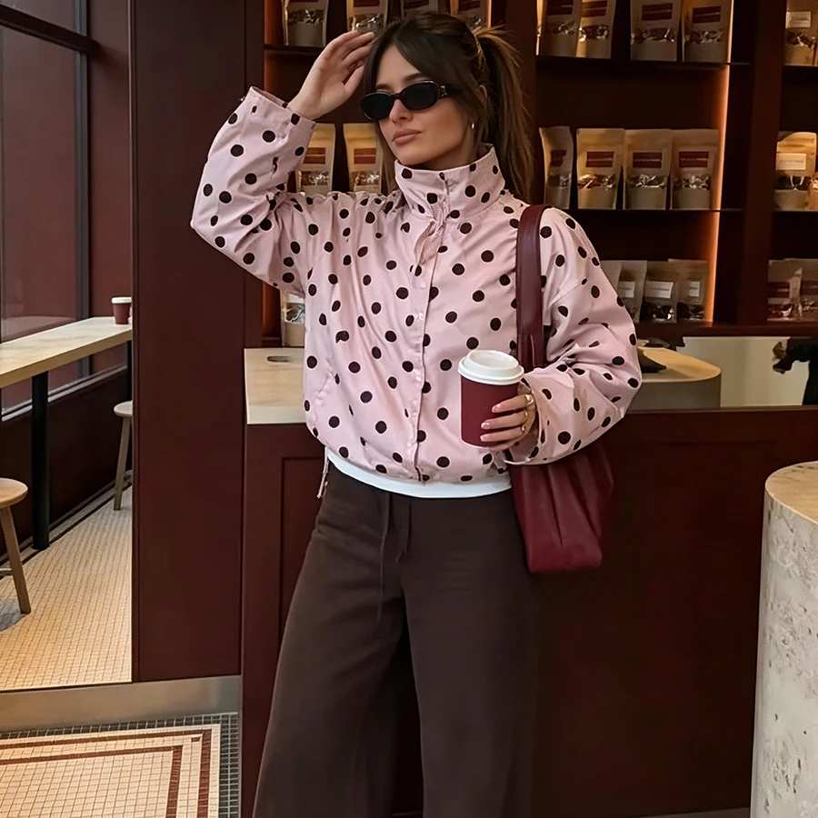

Women Fashion Polka Dot Pink Jacket Elegant Women Single Breasted High Collar Drawstring Coat Autumn Female Street Outwear