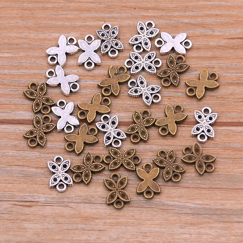 50Pcs 7X11mm New Product Two Color Butterfly Flowers Charms Personality Connector Jewelry Metal Alloy Marking DIY Handmade Craft