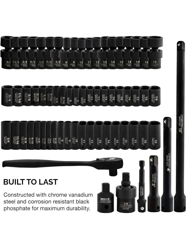 Fast Shipping.02471A Impact Socket Set, 3/8” Drive, 67 Piece, Metric and Standard Master Socket Set with Shallow & Deep Sockets,