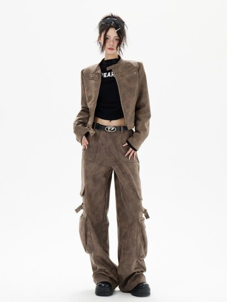 

Retro American Style Motorcycle Short PU Leather Jacket Women's Autumn Winter New Fashion Streetwear Slim Fit Zipper Coat