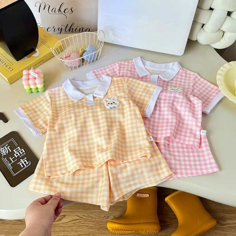 Conjunto de Dos Piezas para Bebés Niñas, Camiseta Polo a Cuadros + Pantalones Cortos, Conjunto Casual a Rayas, Nuevo y Elegante para Niños y Niñas