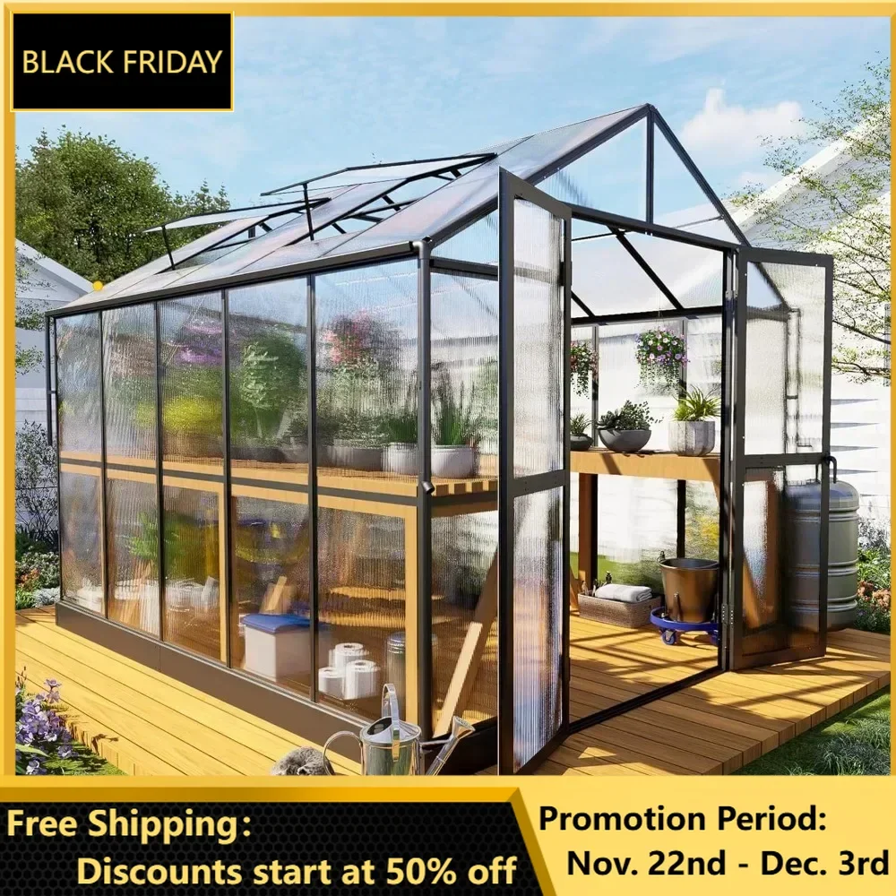 8x10x7.5 FT Polycarbonate Greenhouse Double Swing Doors 2 Vents 5.2FT Added Wall Height, Greenhouse Outdoors