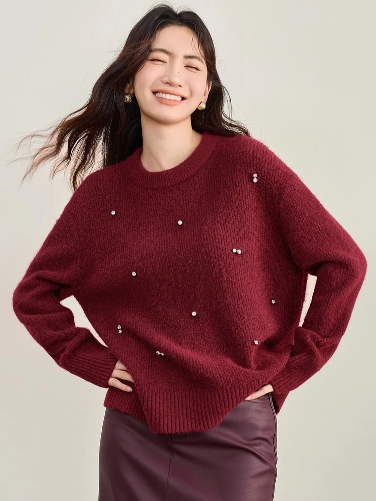 Sweter damski SENTUBILA z wełny, pulower, jesień 2025, do pracy, ręcznie robiony, z dżetami, okrągły dekolt, luźny, lekki, dzianinowy top W53EE3375