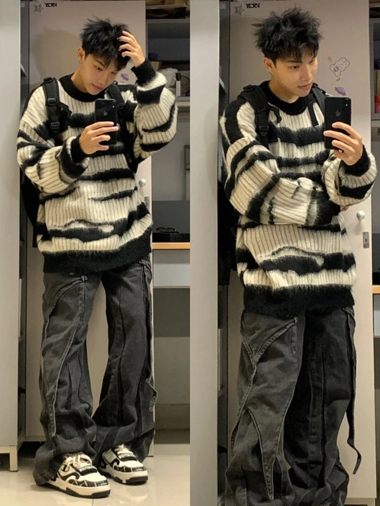 

Men's Bla White Striped Camere Sweater Spring Loose Casual Knitted irt Cleanfit Leisure Outerwear Polyester Fiber