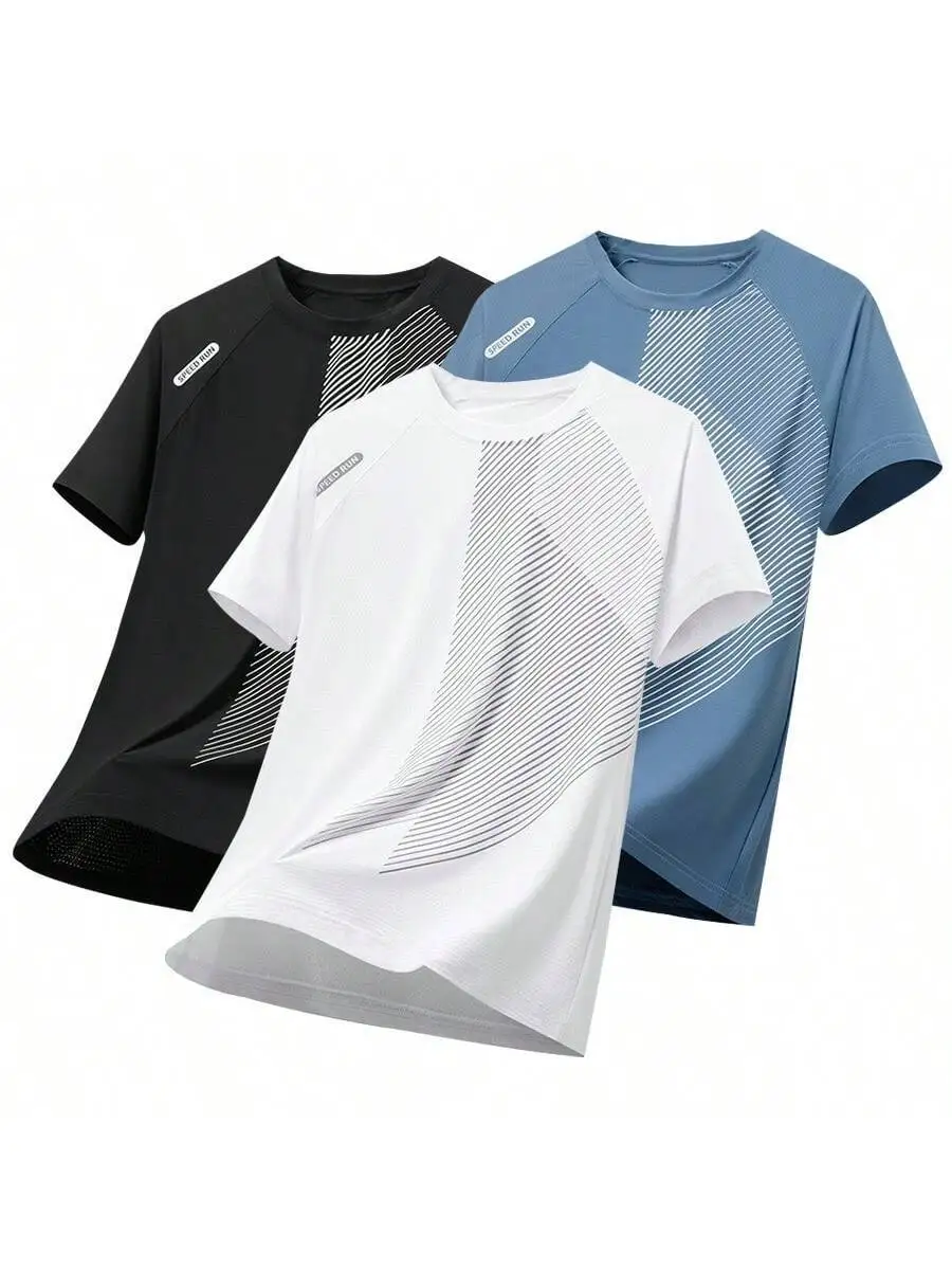 Men Summer Casual Sports Fashion Printing Color-Block Short Sleeve T-Shirt 3pcs/Set