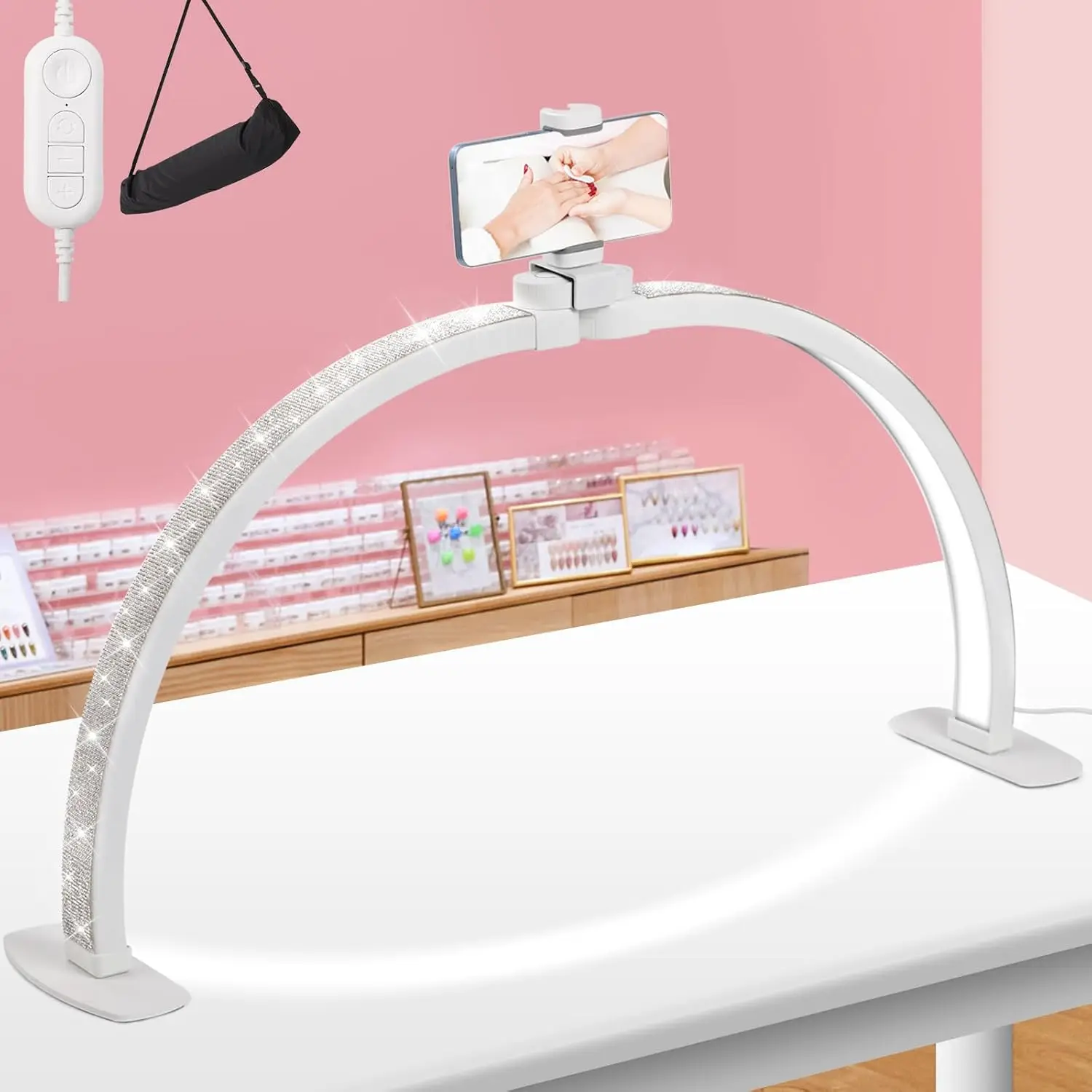 

Upgraded 29in Foldable Half Moon Light with Phone Holder, Stepless Dimming & Color Temperature for Nail Desk