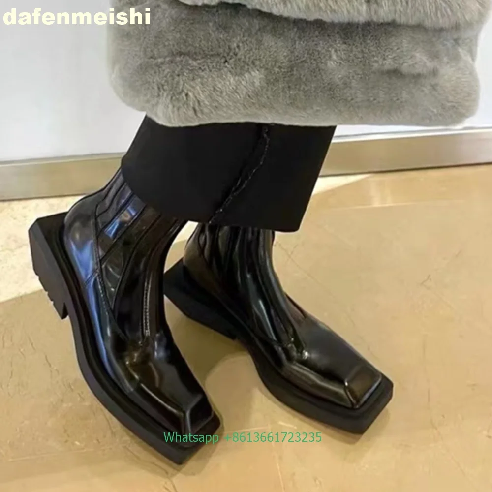 Black Patent Leather Square Toe Women Ankle Boots Platform Pull-On Chelsea Mid-Calf Motorcycle Boots 2024 Fashion Street Boots