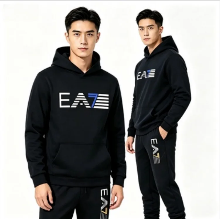 2026 Autumn Winter Men Printed Hooded Tracksuit Half Zip Pocket Sweatshirt Elastic Waist Jogger Pants Casual Sports 2 Piece Set