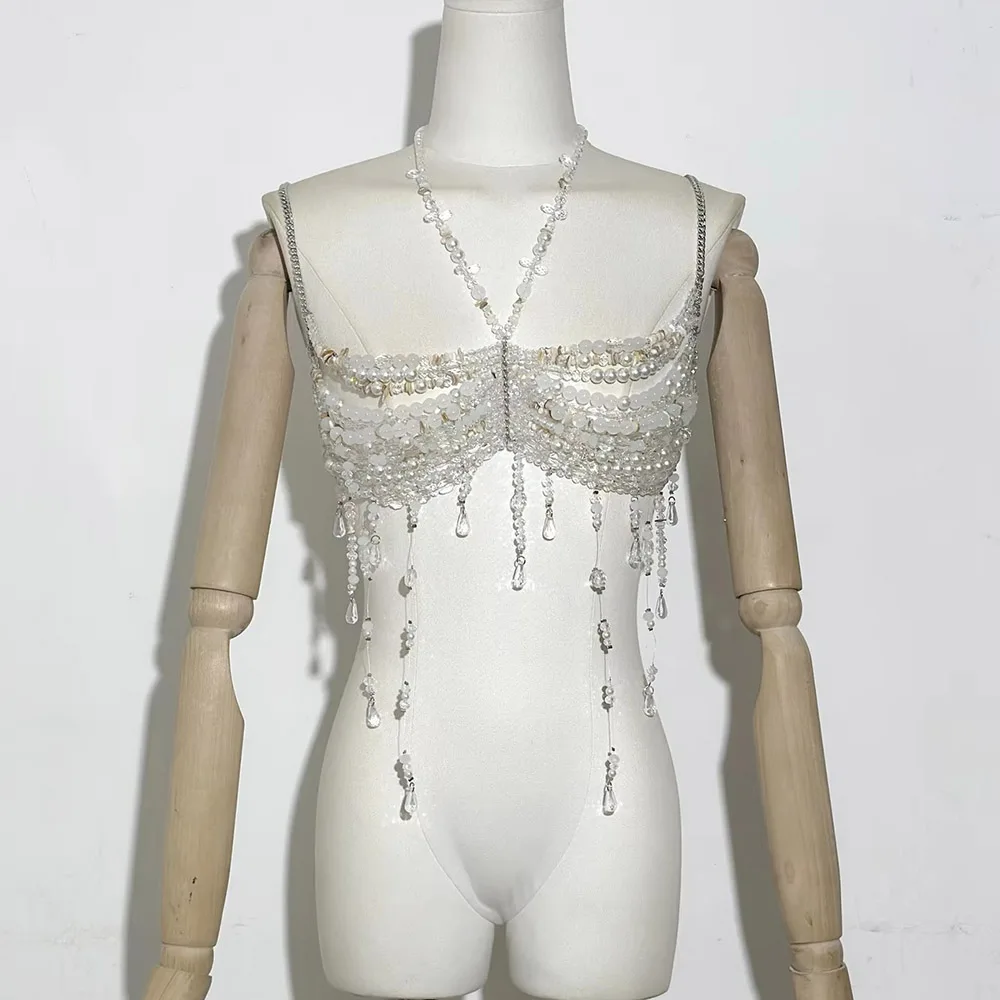Heavy Industry White Beaded Body Chain Spicy Girl Versatile Loose Tassel Trendy Hanging Neck Beaded Chest Decoration